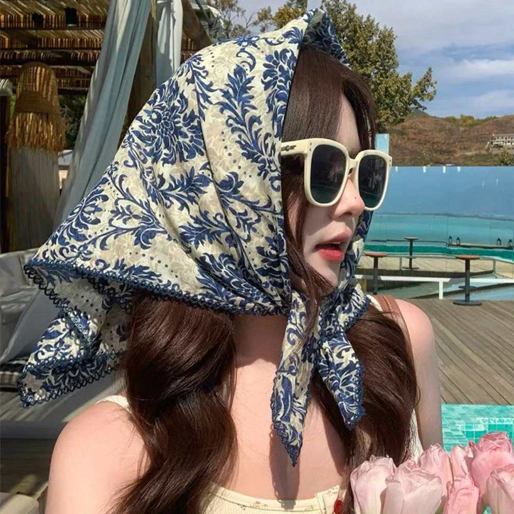 

Blue Women's 100% Mulberry Silk Scarf Neckerchief Spring Fall China Style Paisley Design Women Square Neck Silk Scarves 63*63cm