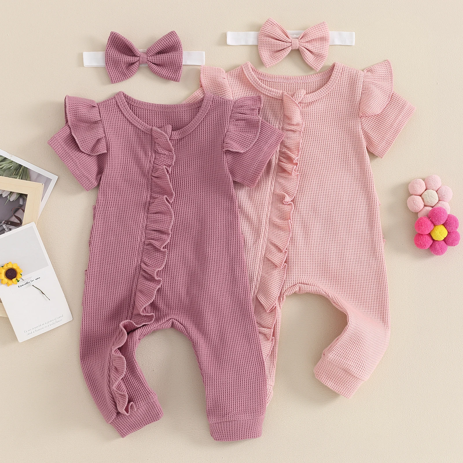 

Baby Girl 2 Piece Summer Set Fly Sleeve Frill Trim Zip Up Waffle Romper 3D Bow Headband Infant Toddler Jumpsuits Outfits