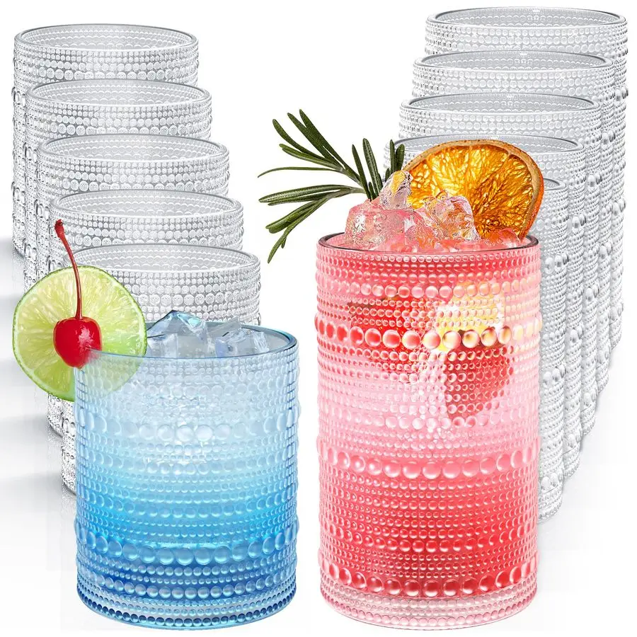 

Набор стаканов для питья Hobnail из 12 стаканов Highball на 12 унций, коктейльные бокалы на 10 унций, стеклянные стаканы с тиснением, прозрачные стаканы для воды