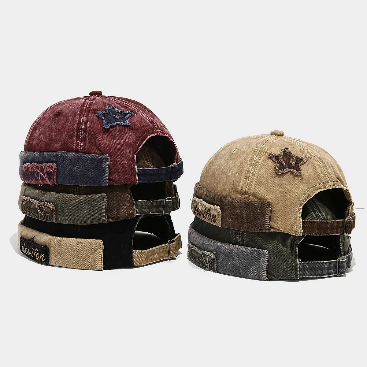 Vintage Washed Color Docker Cap Without Visor Star Splicing Brimless Caps for Men Letter Adjustable Hiphop Bob Beanies Hat Male