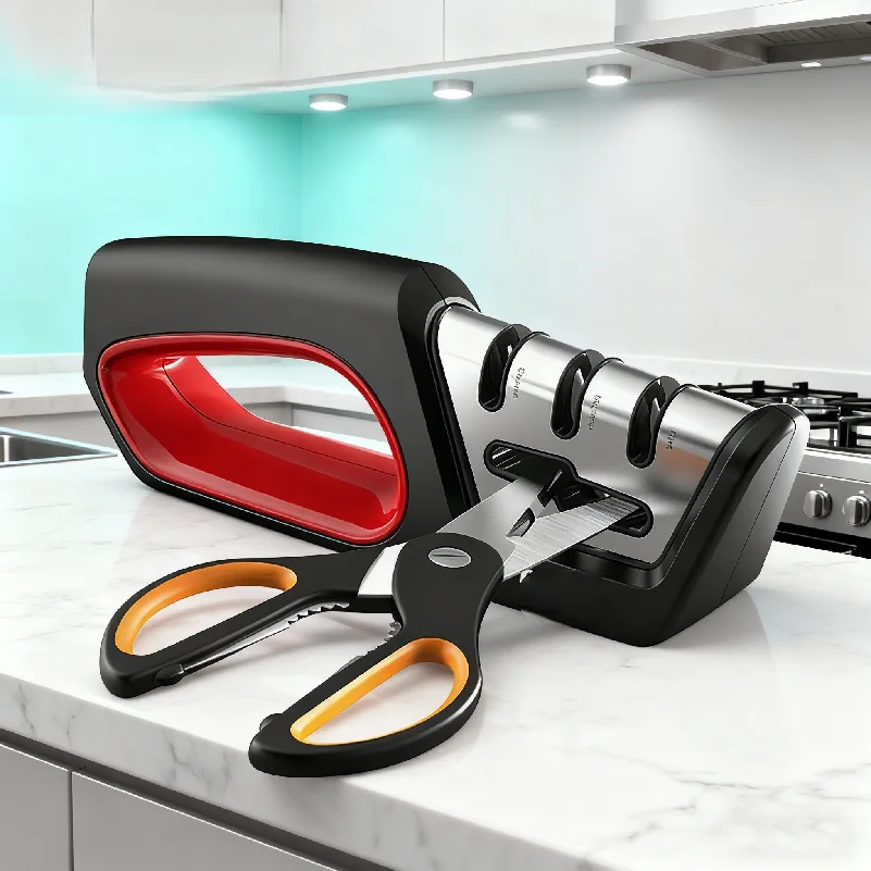 4-in-1 Knife & Scissors Sharpener, Professional Tool to Restore & Polish Blades, Ergonomic Non-Slip Grip, Kitchen Sharpening Kit