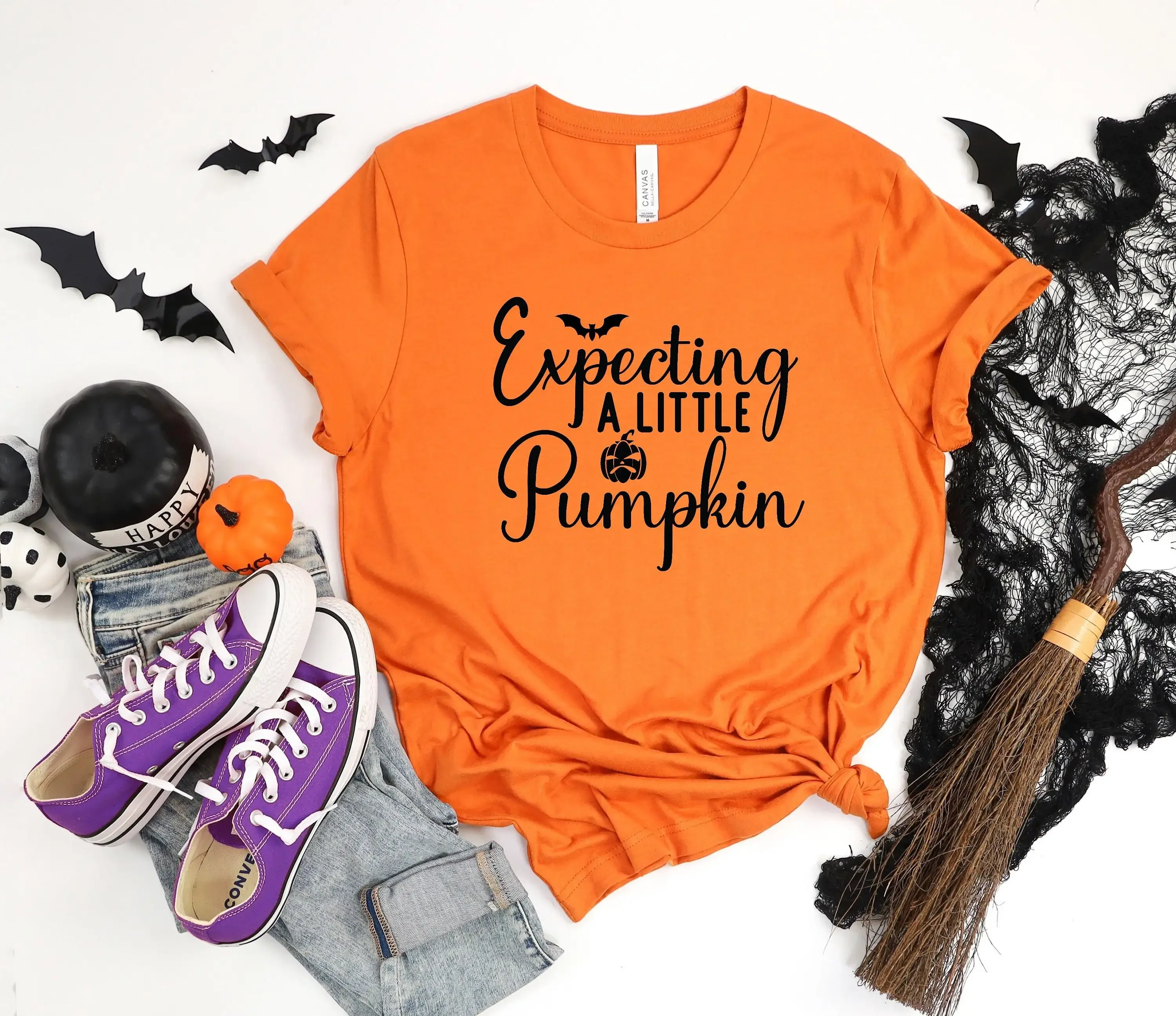 Pumpkin Pregnancy Announcement T Shirt Halloween Baby Reveal Fall Announce Expecting A Little