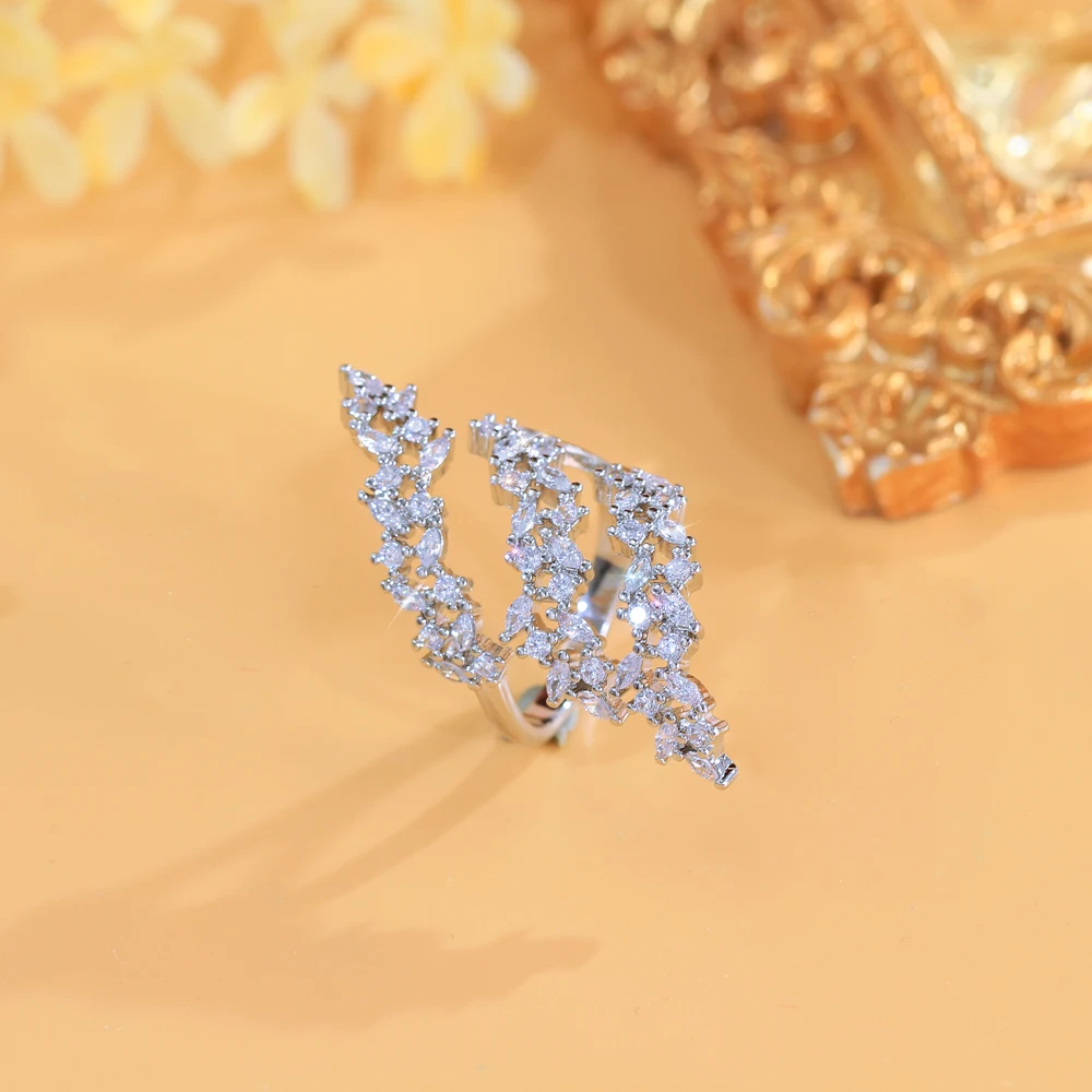 CWWZircons Adjustable Multiple Cubic Zirconia Leaf Shape Big Long Wrap Finger Ring for Women Luxury Wedding Jewelry Gifts J0195