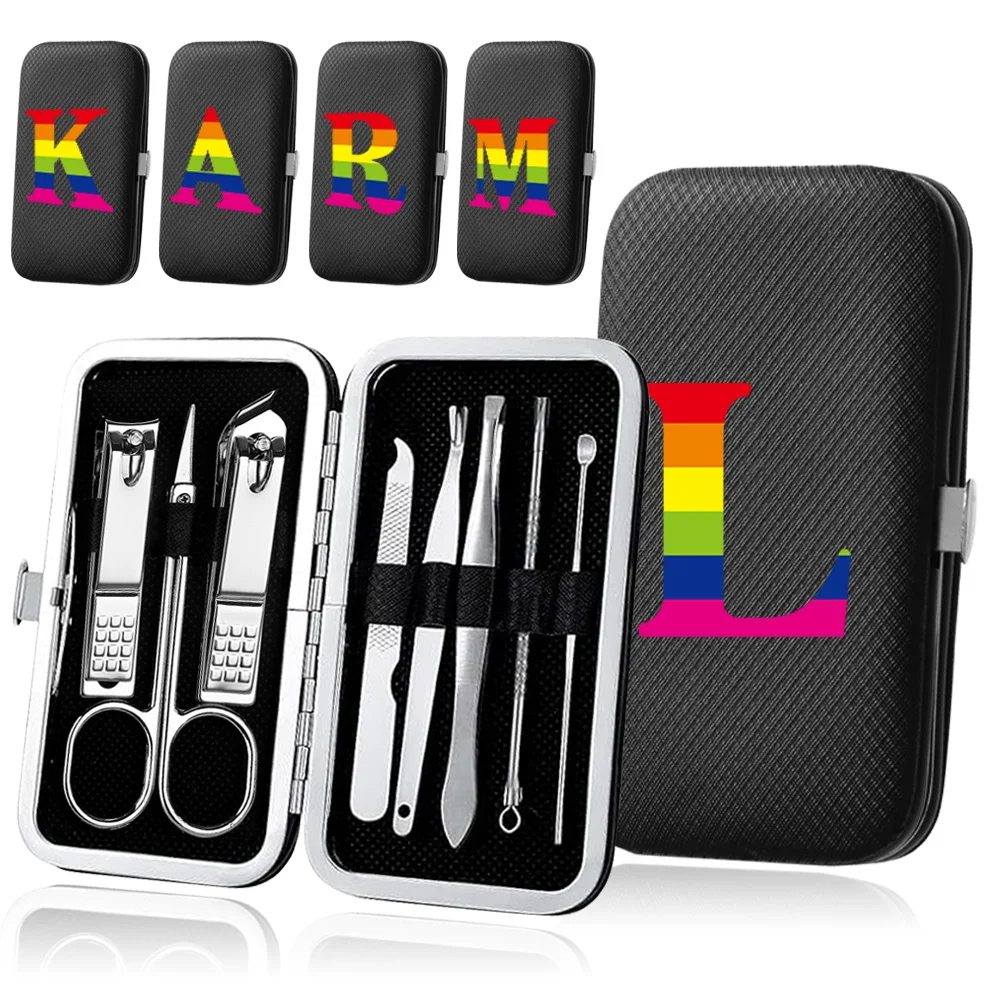 

8Pcs Pocket Manicure Set Stainless Steel Pedicure Kit PU Portable Case Nail Clipper Organizer Rainbow Letter Pattern Beauty Tool