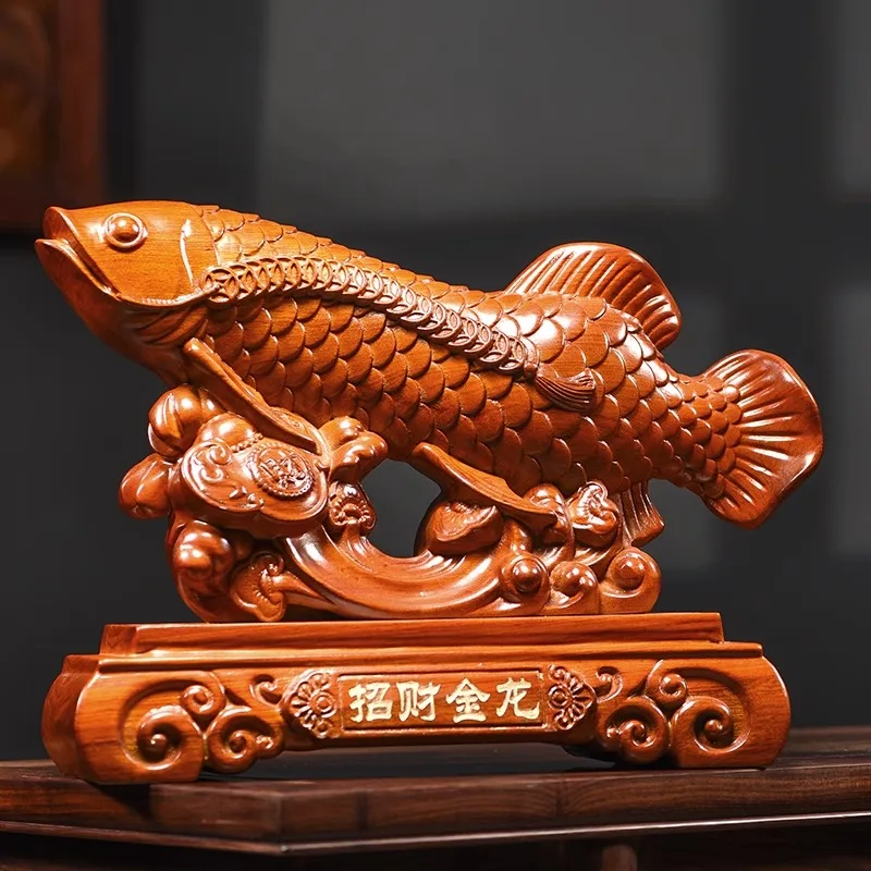 

Rosewood Carved Gold Dragon Fish Statue - Hand Carved Fortune Symbol, Business Success Gift