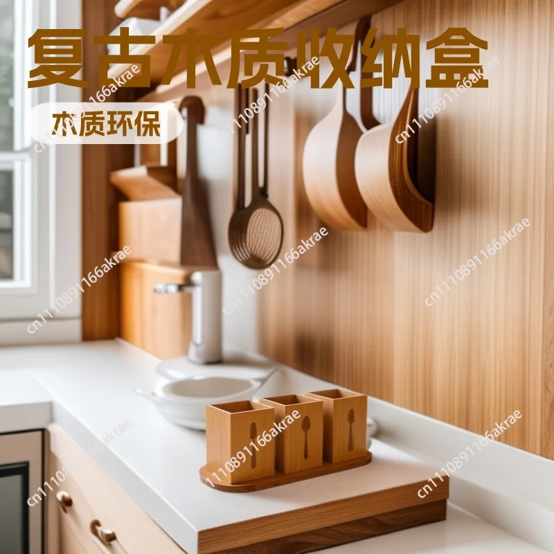 for Retro tableware wooden dining table cabinets kitchen home tableware storage box storage box chopstick tube