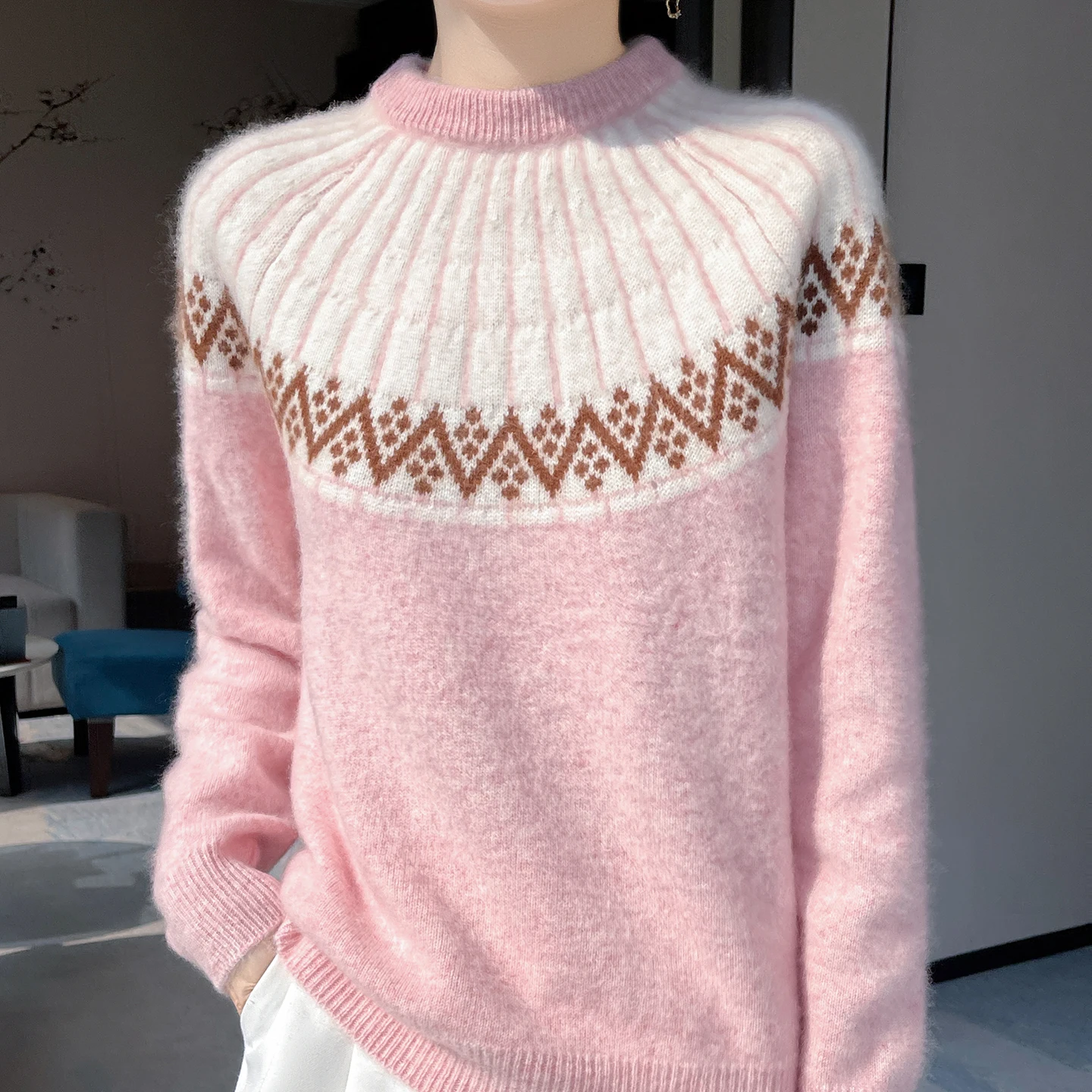 

FRSEUCAG 100 % Merino wool pullover women's O-neck sweater fashionable color blocked knitted women's new full sleeved sweater