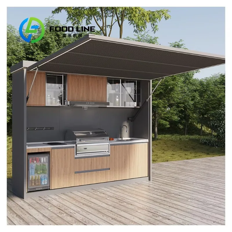 

Custom Stainless Steel Frame Outdoor Kitchen Bar Set Modular Mobile Party Set with Cooker Fridge Custom Color for Garden Patio