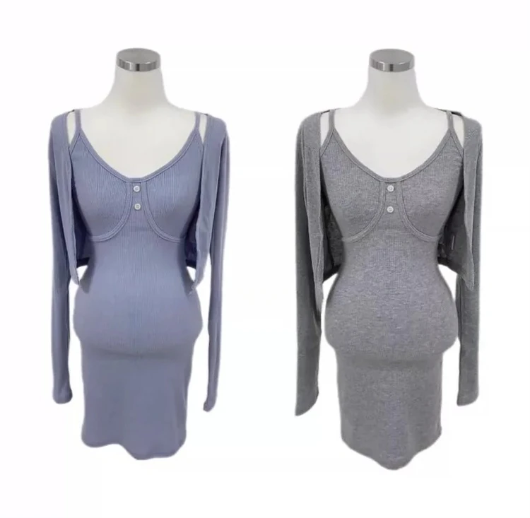 2026 Koreanischer Stil U-Ausschnitt Tailliertes Bodycon-Cami-Minikleid Langarm-Strickjacke 2-Teiliges Set Figurbetontes Outfit – Detail 10