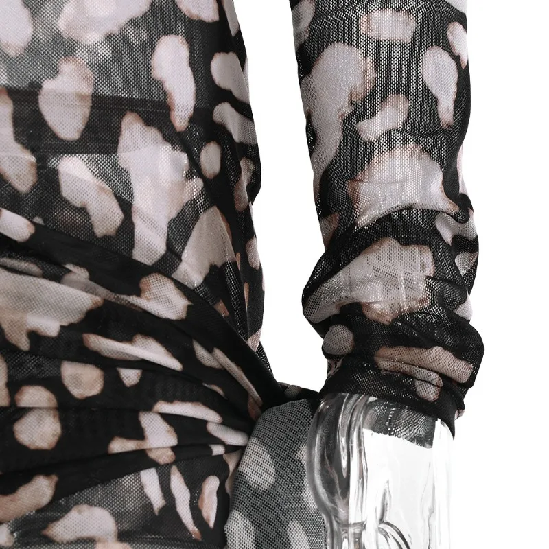 Leopardenmuster, durchsichtig, Netzstoff, Schnürband, figurbetontes Minikleid für Damen, 2025, Herbst, Rollkragen, lange Ärmel, schlanke Nachtclubwear