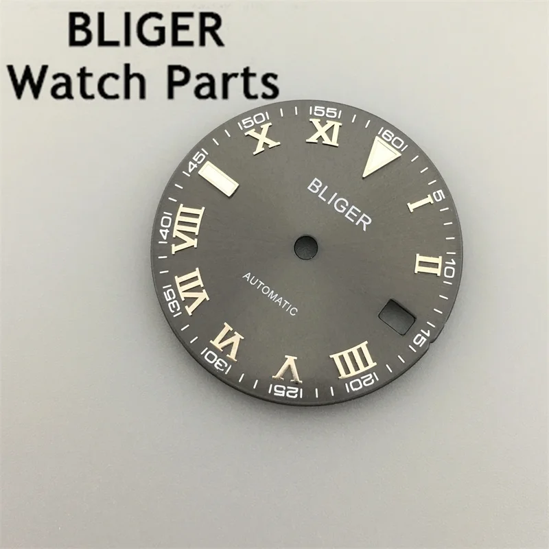 Bliger สาย NH35สะท้อนแสงสีดำขนาด29มม., หน้าปัดทองคำสีกุหลาบหน้าปัดสีเงิน