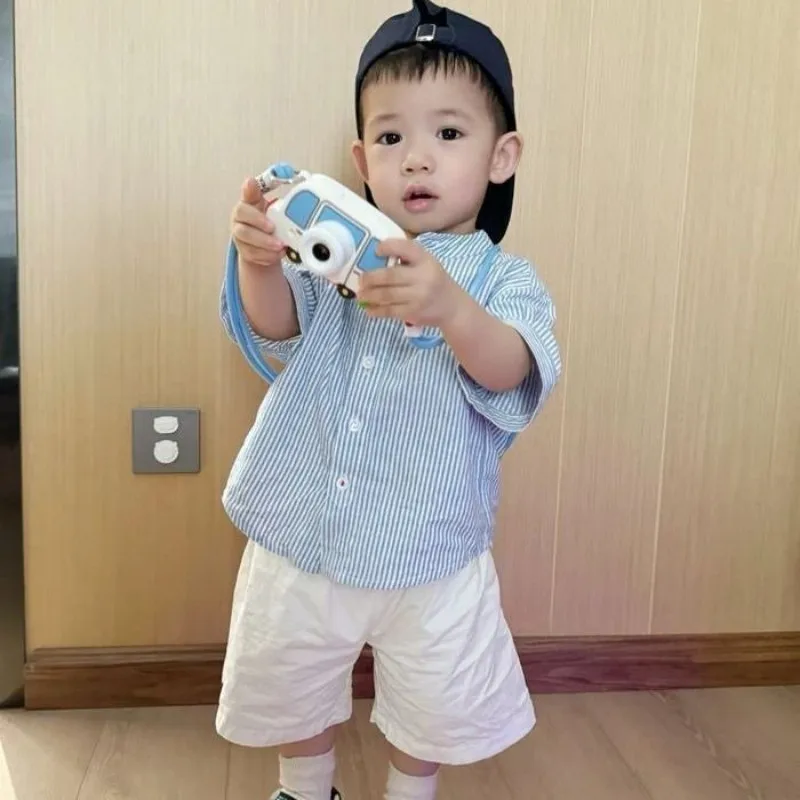 Children's summer outfit Korean version new western-style boys' short sleeved stand up collar shirt shorts two-piece set