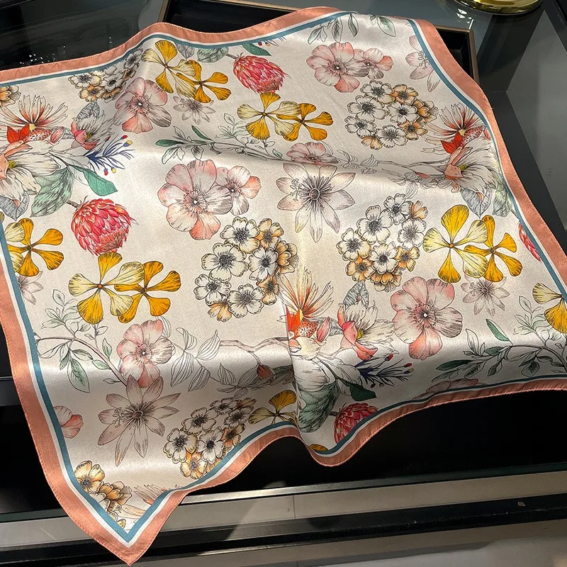 100% Natural Silk Square Scarf for Women Floral Print Hair Hijab Foulard Female Spring Neckerchief Wraps Bandana Scarves