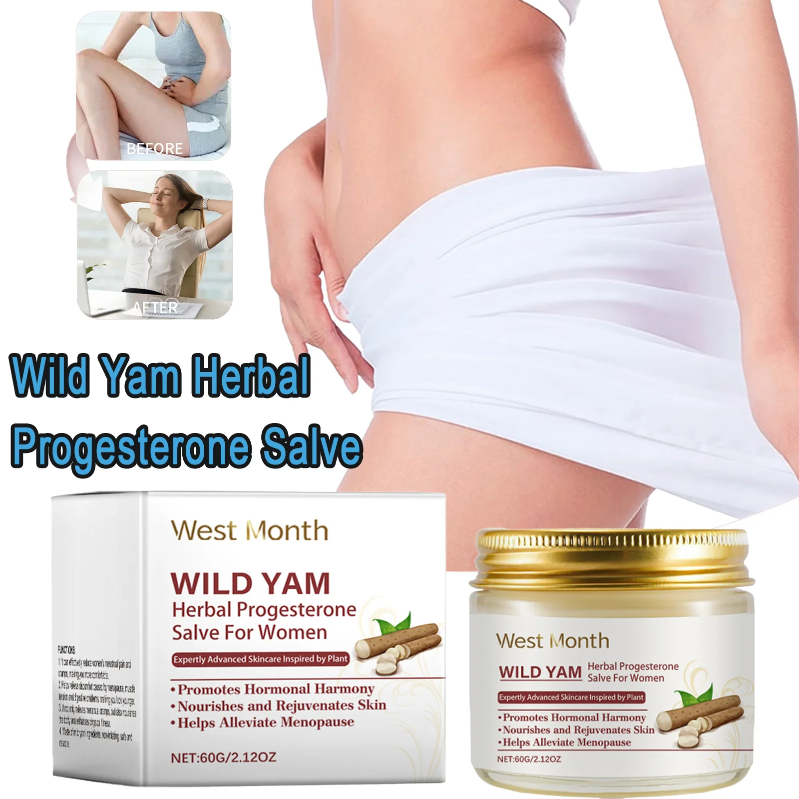 WEST MONTH Wild Yam Herbal Progesteron Salve Reduziert effektiv Menstruationsschmerzenkrämpfe für Frauen, nicht reizend, sicher, zuverlässig, 60 g