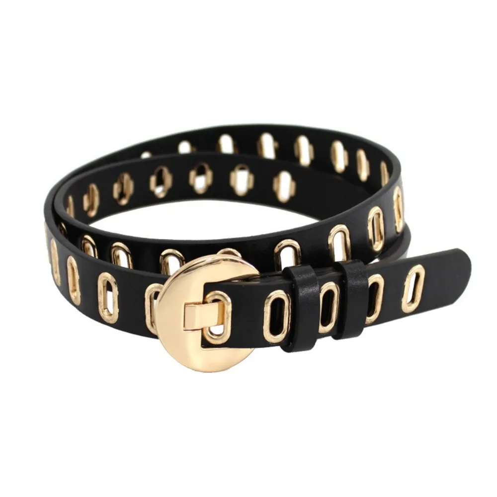 Personality Round Buckle PU Leather Belt Thin Hollow Women Waistband Punk Y2K Waist Belt Women