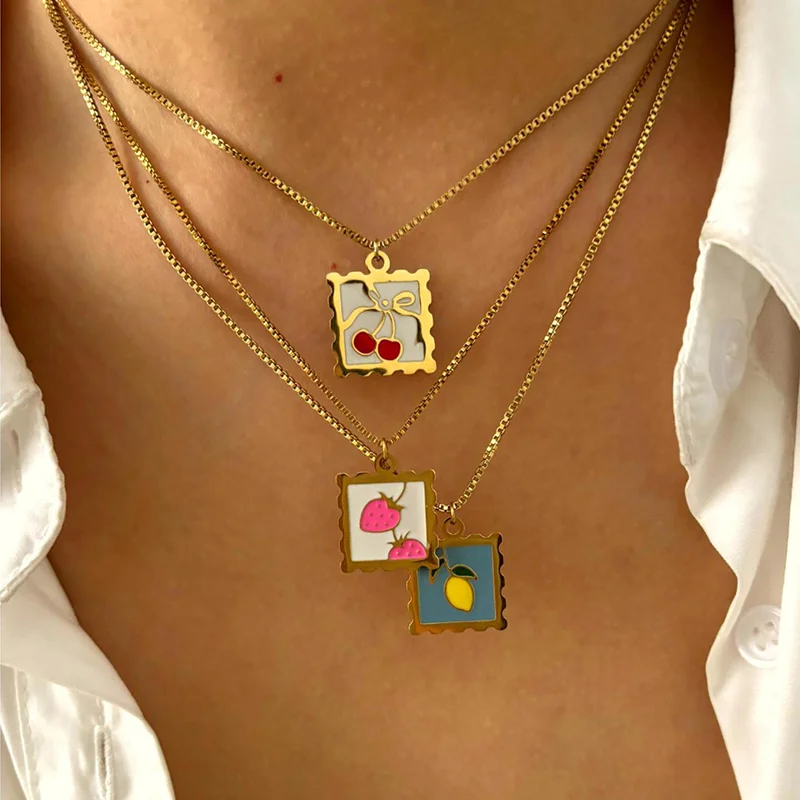 Fashion Vintage Cute Multicolour Enamel Fruit Square Pendant Necklace for Girls Summer  Fashion Stainless Steel Accessories Gift