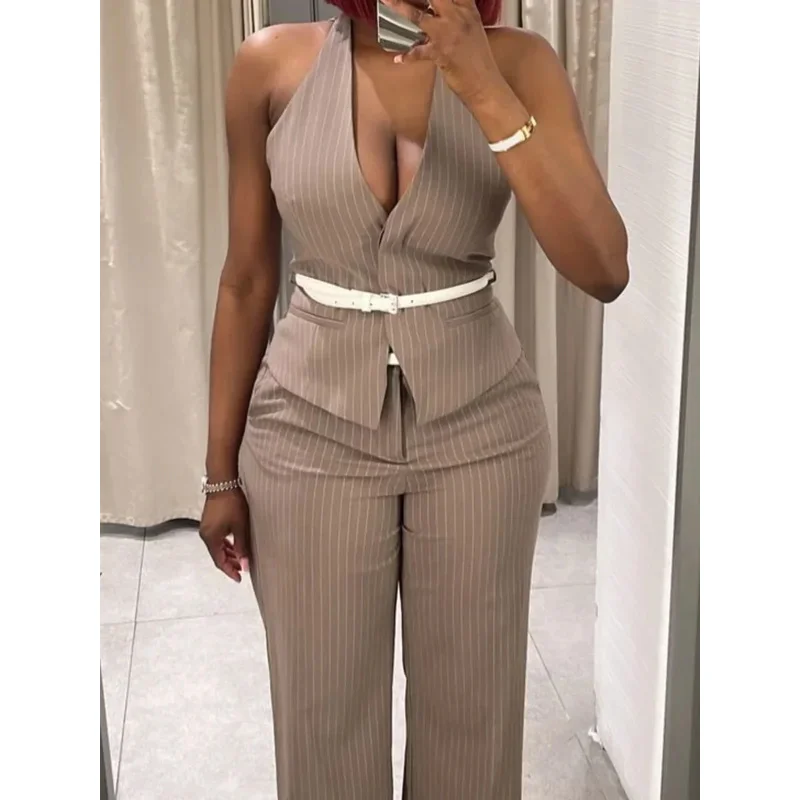 

Women's Fashion Striped Suit V-Neck Sleeveless Vest Top with Belt High Waist Pockets Wide Leg Pants Zipper Closure