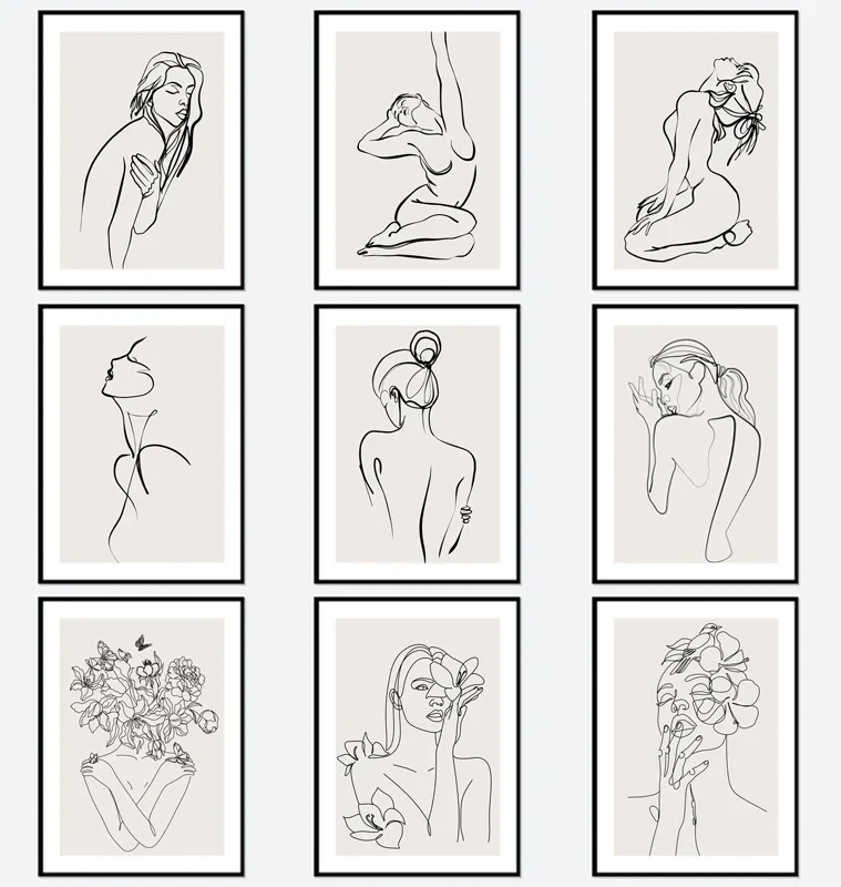 خط واحد الحديثة فتاة عارية صورة ظلية خط الشكل رسم قماش اللوحة الحد الأدنى امرأة خط الفن بوهو ديكور المنزل #1