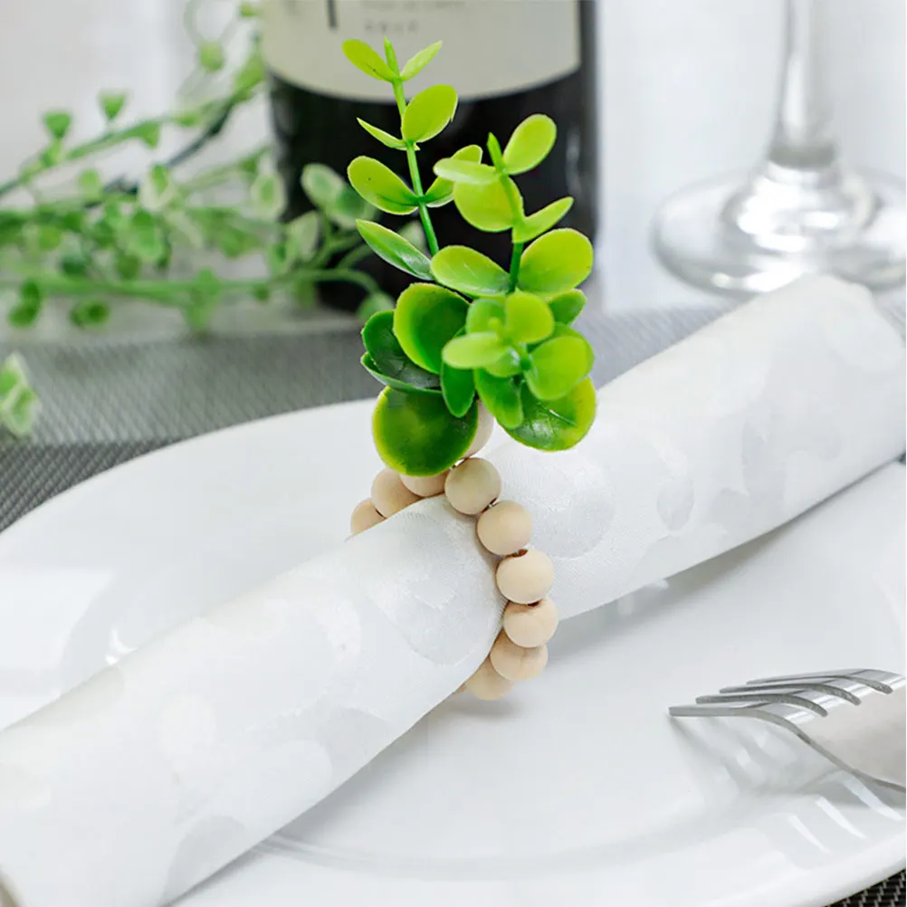 

Wooden Bead Napkin Rings Square Holder Gold Leaf Plant Modeling Buckle Dining Table Decor Material Long