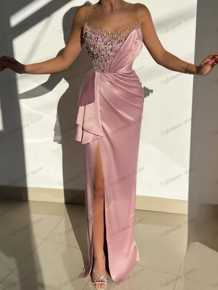 Vestido De Noche De satén con apliques De lentejuelas, traje Sexy con abertura alta para fiesta Formal, 2024