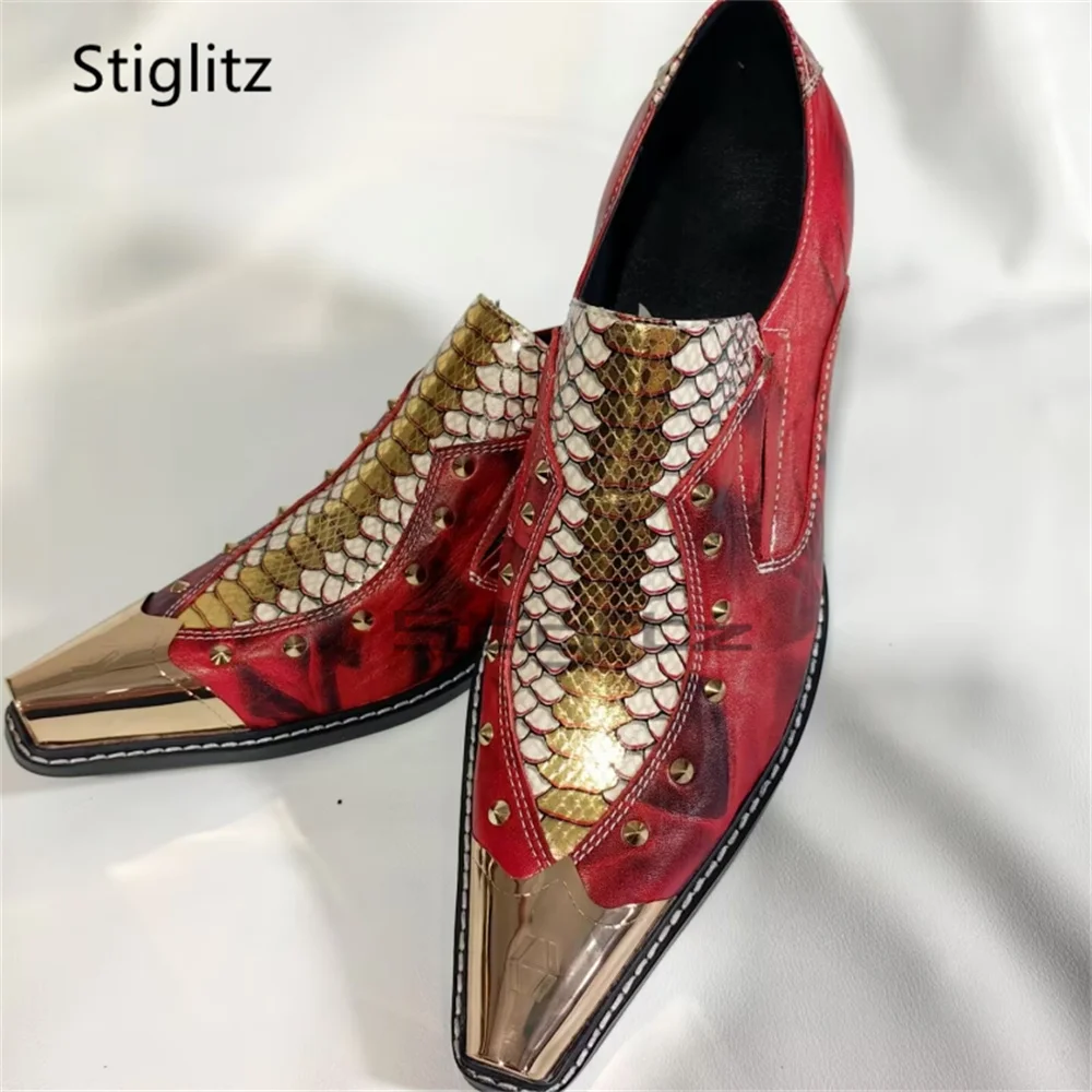 Metal Toe Patchwork Men's Rivets Dress Shoes Snake Pattern Cowhide Mixed Colors Mixed Colors Genuine Leather Wedding Shoes