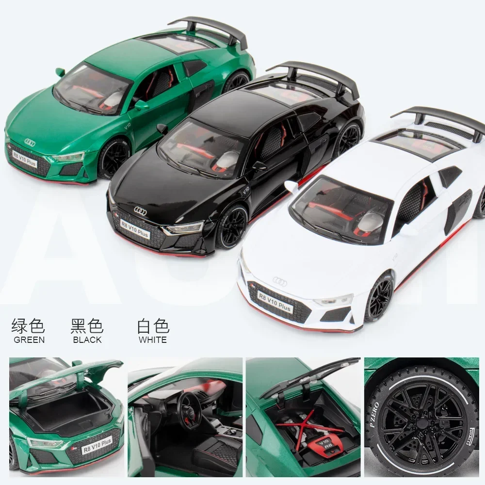 Diecast Liga Die Cast Toy Car Modelo, Volante Modelo, Som e Luz, Collectibles, Presente de Aniversário, Audi R8, V10 Plus, C66, 1:24