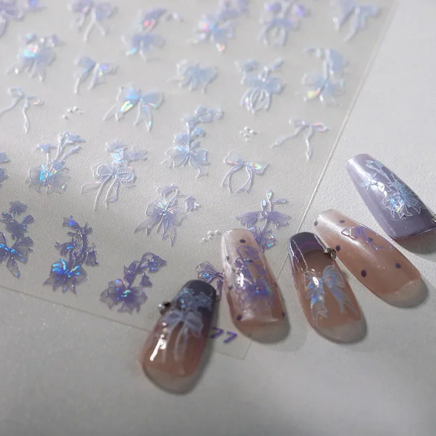 Charming Gradient Sparkle Purple Polarized Illusion Bowknot Morning Glory Lily Flower Adhesive Nail Art Stickers Manicure Decals