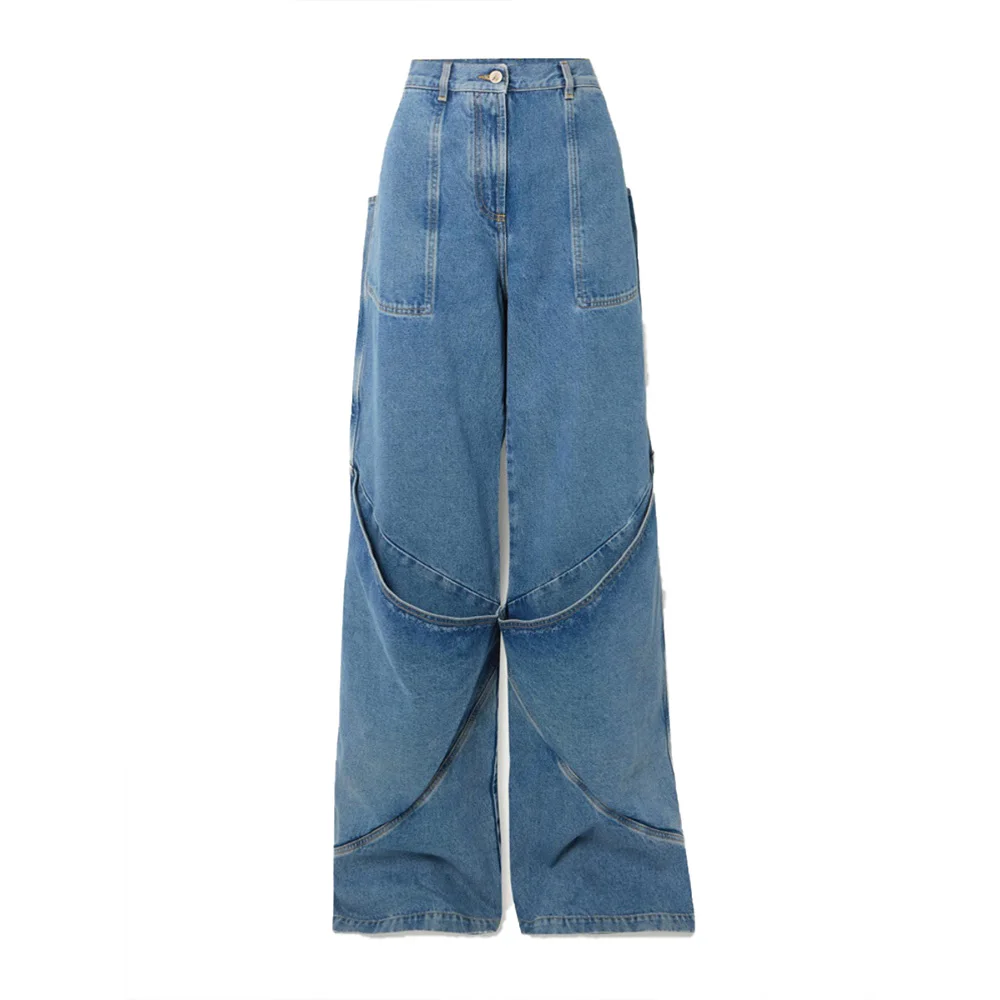 Vintage washed distressed high waist blue jeans layered stitching sleeve wide leg pants for women