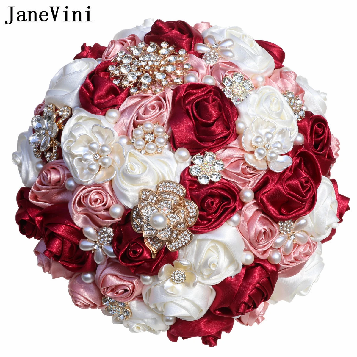 JaneVMini-Luxo Rhinestone Cristal Buquê De Casamento, Borgonha Marfim Frisado Pérola Cetim, Noiva Artificial Nupcial Segurando Flores