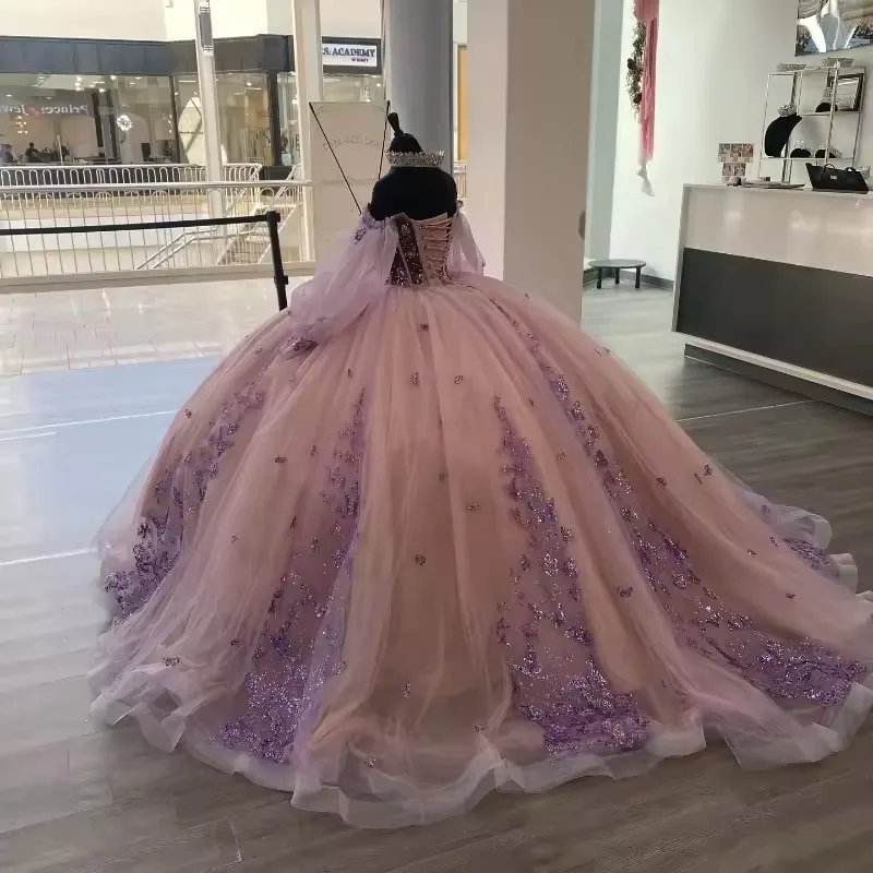 ANGELSBRIDEP Glittering Pink Lilac Quinceanera Dresses Luxury Beading Lace Long Sleeves Vestidos De 15 Anos Birthday Party Prom