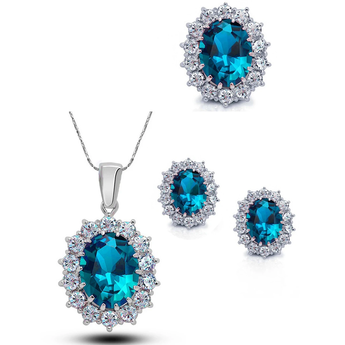 النساء الزفاف مجوهرات الخطوبة دعوى الأميرة البيضاوي الزركون كريستال قلادة أقراط الطوق