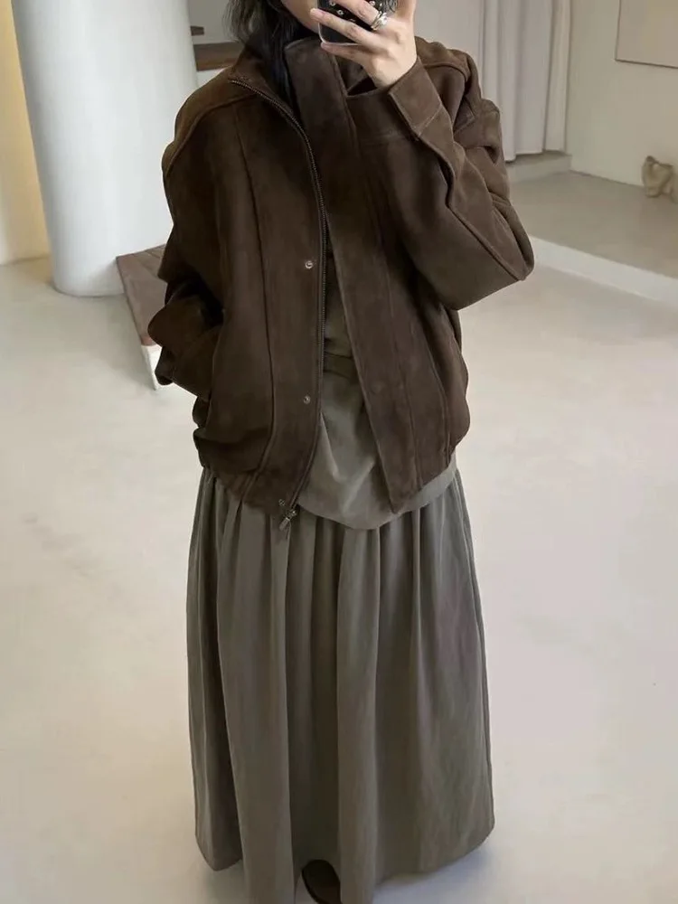 سترة قصيرة من الجلد المدبوغ بتصميم عتيق، ياقة عالية مع سحاب، ملابس خارجية فضفاضة للنساء، مجموعة الخريف، إصدار المصمم #3