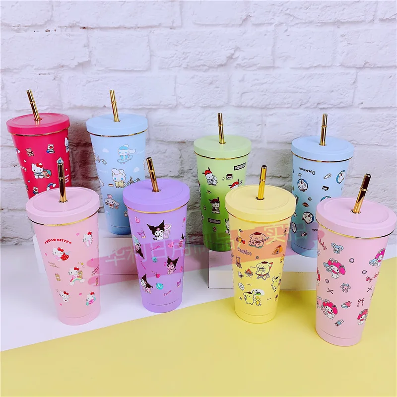 Kawaii Stainless Steel Straw Cup Sanrioed My Melody Kuromi Cinnamoroll Cute Cartoon Large Capacity Coffee Cup Thermal Mug Gift