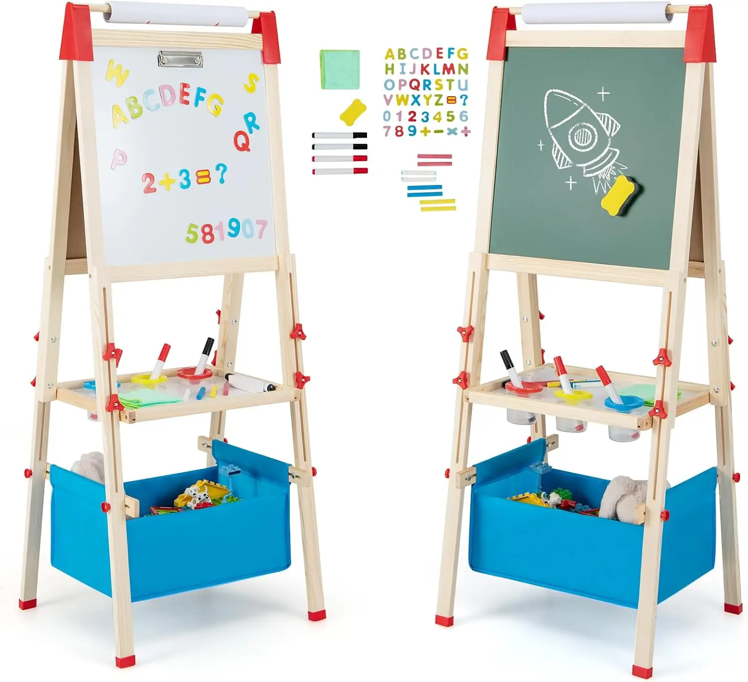 Easel for Kids, Wooden Height Adjustable Double-Sided Toddler Easel w/Magnetic Chalkboard & White Board, Paper Roll