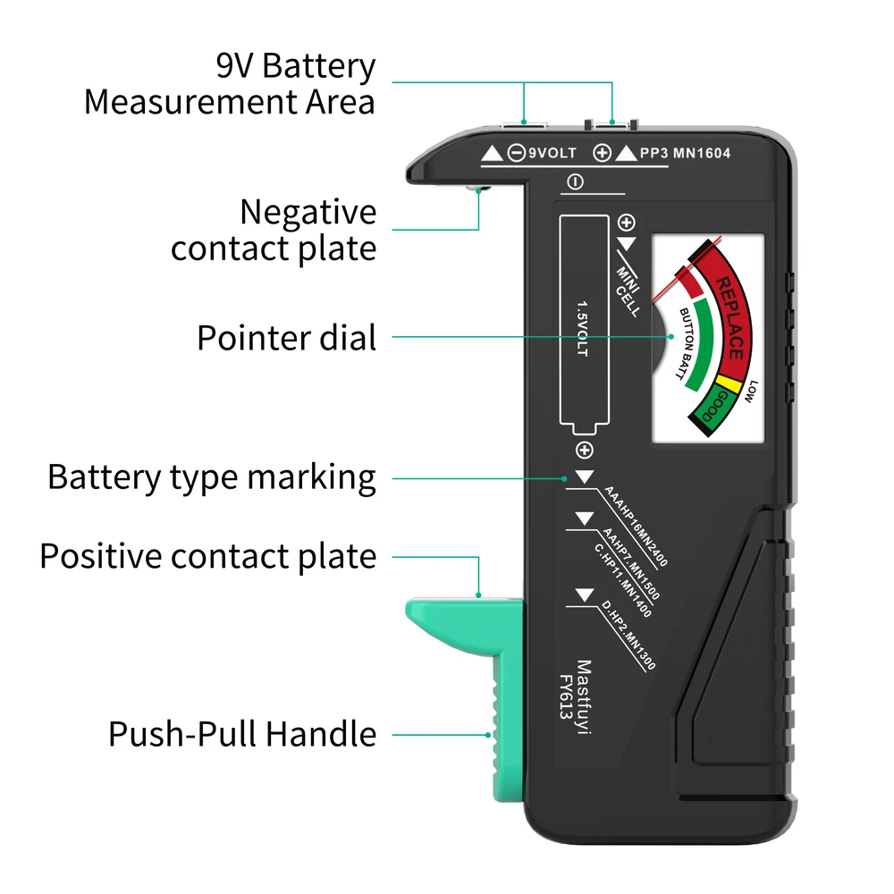 MASTFUYI FY613 Battery Tester Button Cell Battery 1.5V/9V/AAA/AA/C/D Batteries Universal Household Battery Tester Colour Coded