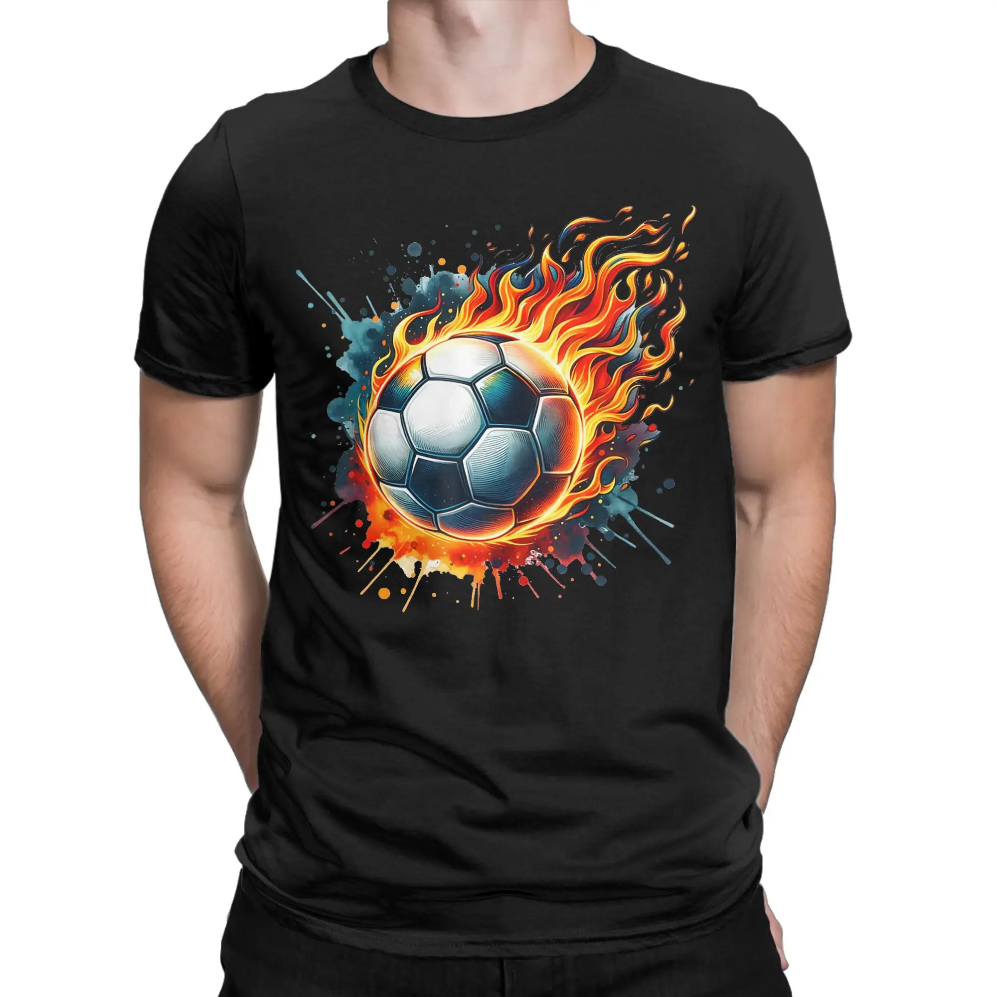 Flaming Soccer Ball on Fire Colorful Splash Sports Lover Summer T Shirts Man Comfortable Oversized Top Tees Short-Sleeved Tops
