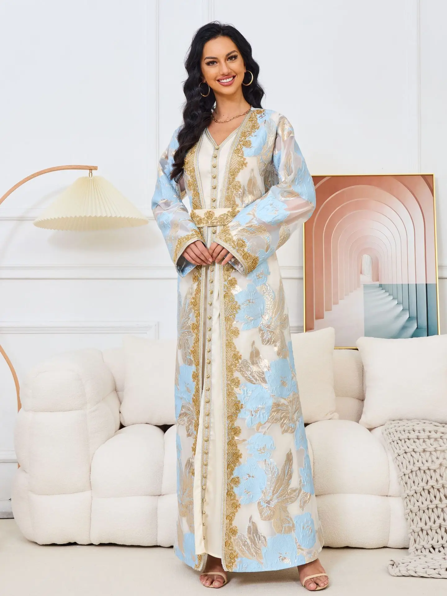 Moroccan Caftan 2 Pieces Set Muslim Dubai Abaya Kaftan For Wedding Women\'s 2024 New Flower Pattern Museum Long Dress Clothing