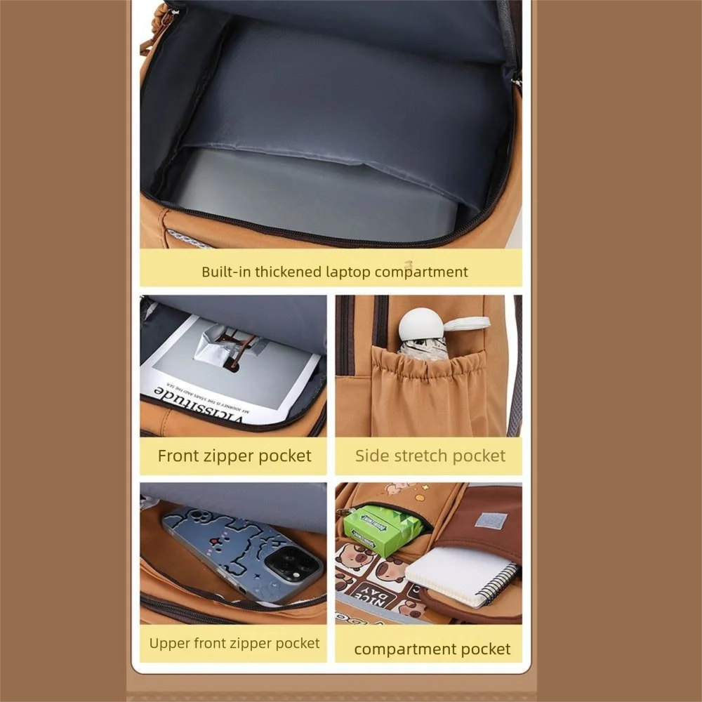 대용량 카피바라 배낭 나일론 조절 가능한 스트랩 귀여운 동물 Bookbag 멀티 포켓 한국 스타일 학생 학교 가방