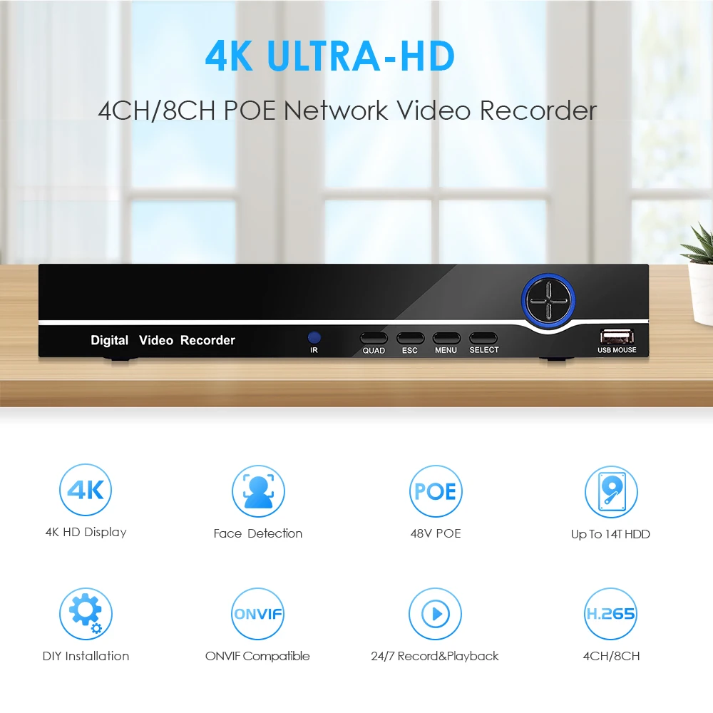 BESDER 4K 8CH CCTV POE NVR Support Face Detection 8MP Network Video Recorder H.265 Onvif 24/7 Recording IP Camera P2P XMEye APP