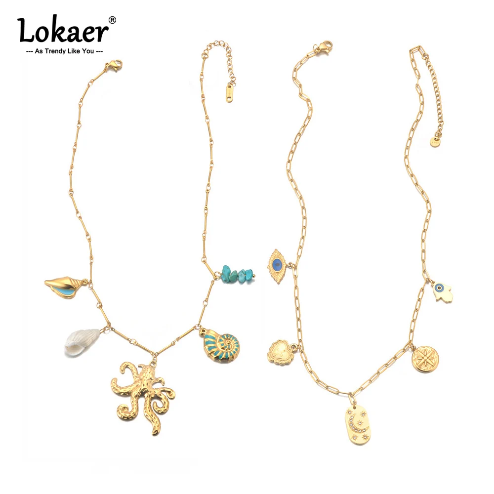 Lokaer Ozean Stil Octopus Conch Türkis Charms Anhänger Halskette Edelstahl Mode Hals Kette Schmuck Party Geschenk N25110