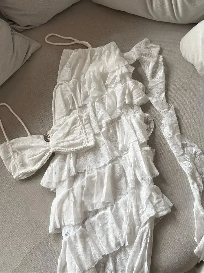 Lace Bikini Swimsuit with Skirt Bandage Swimwear Women Brazilian Bikini 2 Pcs Bathing Suit A Line Skirt Summer Female