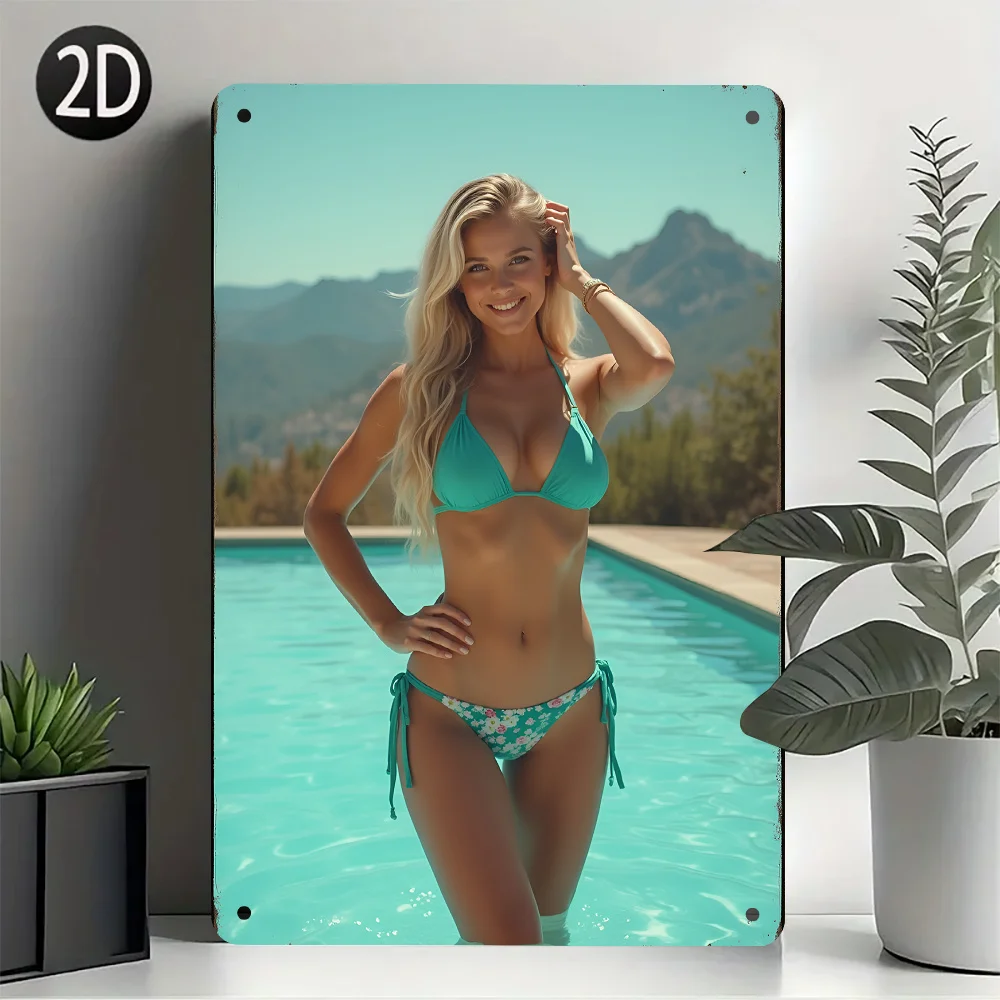2D Flat Retro Metal Sign - Turquoise Bikini Pinup Poolside Design, 8x12in Wall Art for Home Bar Cafe Bathroom