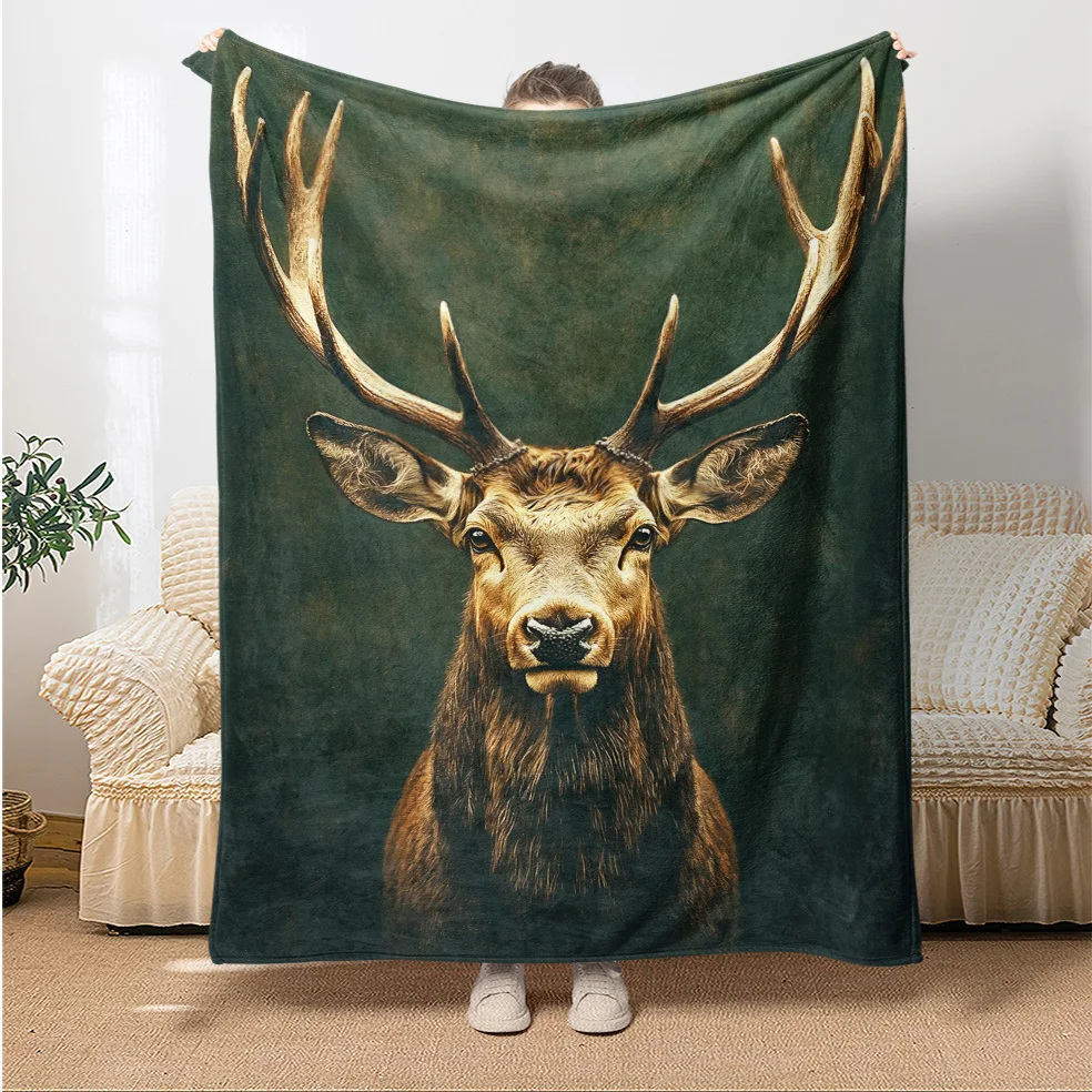 Vintage Noble Red Deer Portrait Pattern Flannel Blanket Cozy Plush Bedspread Portable Travel Blanket for Couch Holiday Present