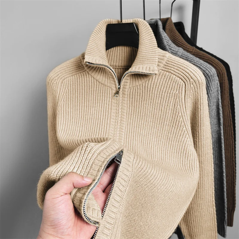 Luxury Autumn and Winter Men\'s Solid Color Classic Lapel Design Business Zipper Cardigan Korean Style Knitted Sweater Jacket