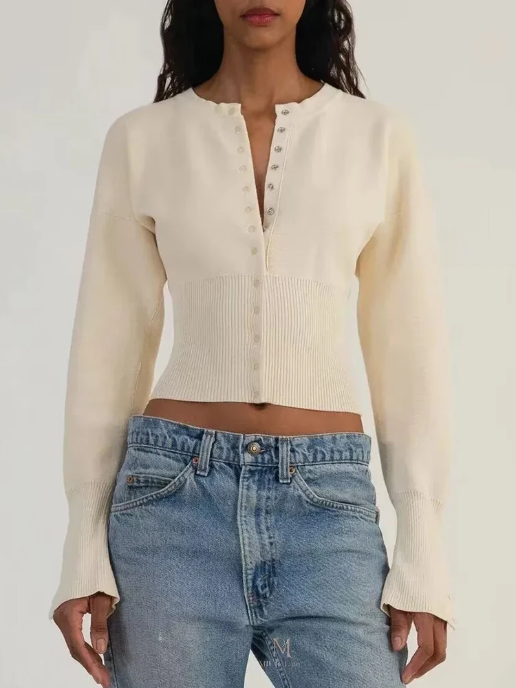 

European and American style autumn new fashion casual women's all-match slim high waist silhouette short long sleeve knitted swe