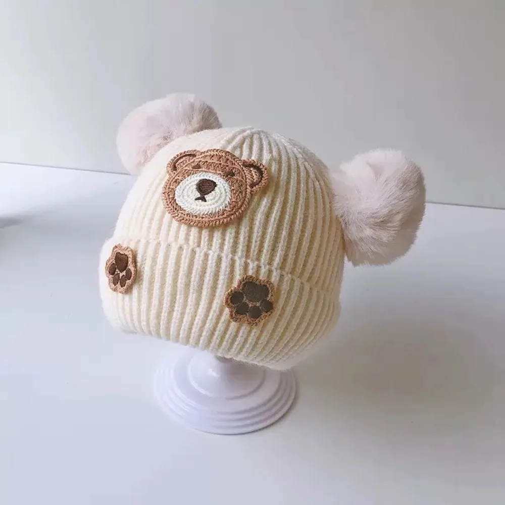 

Вязаная шапка с милым мультяшным медведем, двойной шар, защита от холода, мягкие вязаные крючком шапки, шапочки для девочек и мальчиков