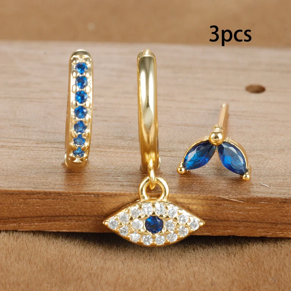 3pcs Blue Zircon Evil Eye Hoop Earrings Set For Women Stainless Steel 18K Gold Plated Cartilage Piercing Earring Fashion Jewelry