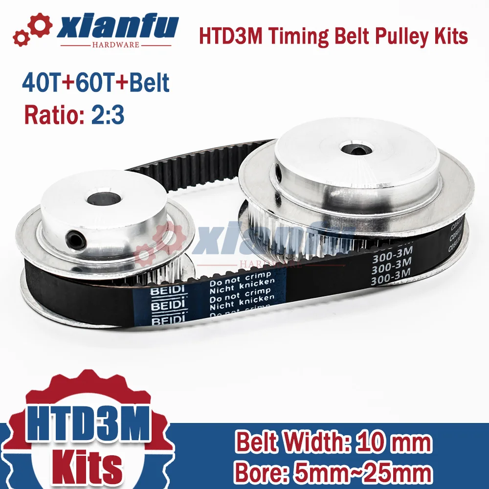 HTD3M 40T 60T Timing Belt Pulley Kits Belt Width 10mm Ratio 2:3 Bore 5~25mm Wheel Set HTD 3M 40Teeth 60Teeth Pulley Set for CNC