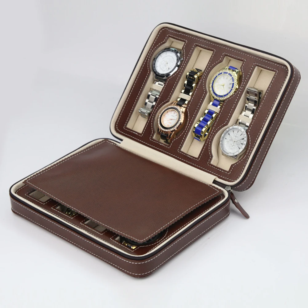

8 Slots Watch Box Premium Leatherette Storage Box Portable Zippered Watch Case for Men or Women (Brown)