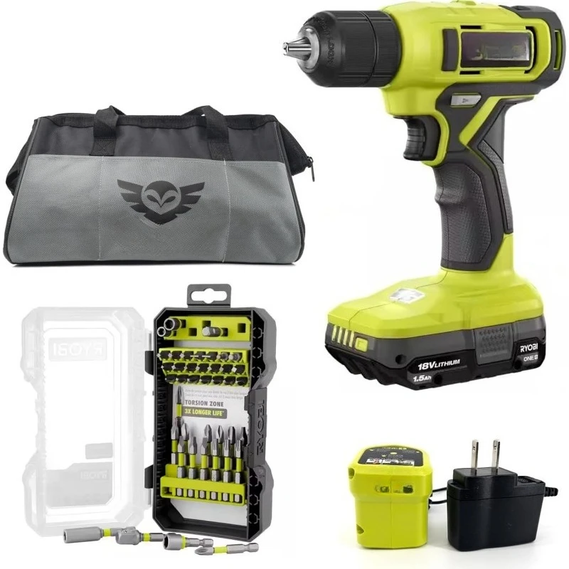 

Комплект аккумуляторных дрелей со сверлильным отверткой Ryobi 18 В ONE+, патроном 3/8 дюйма, набором бит из 40 предметов, литий-ионный аккумулятор 1,5 Ач, 18 В